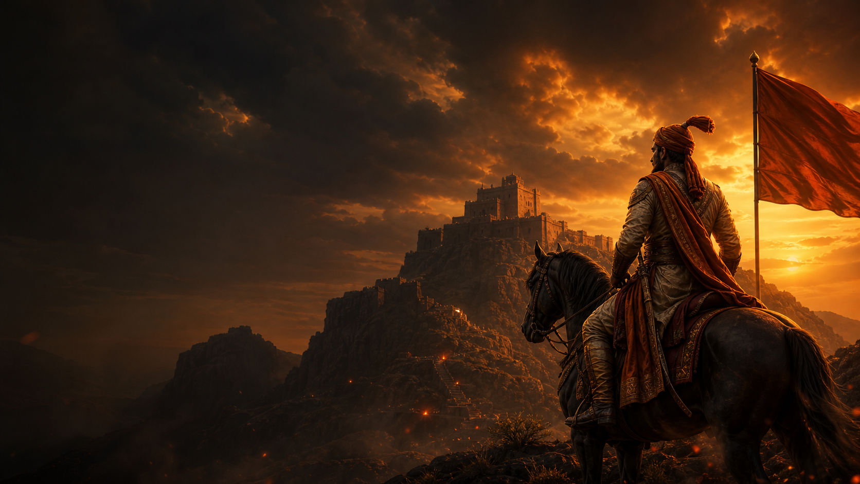 Chhatrapati Shivaji Maharaj on horseback before a Sahyadri fort at sunset